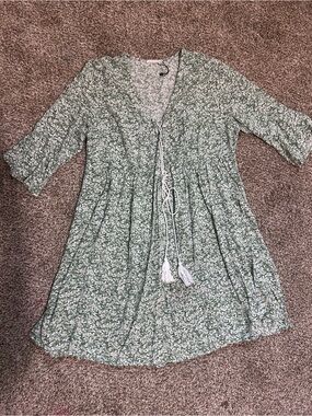 Green Floral Tie-Front Tunic Dress with Tassel Detail